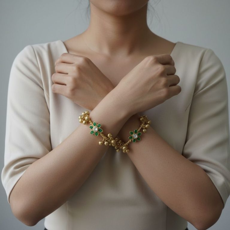 Rangnoor Kashmiri gold and green ethnic bangle with pearl and ghungroo detailing for women