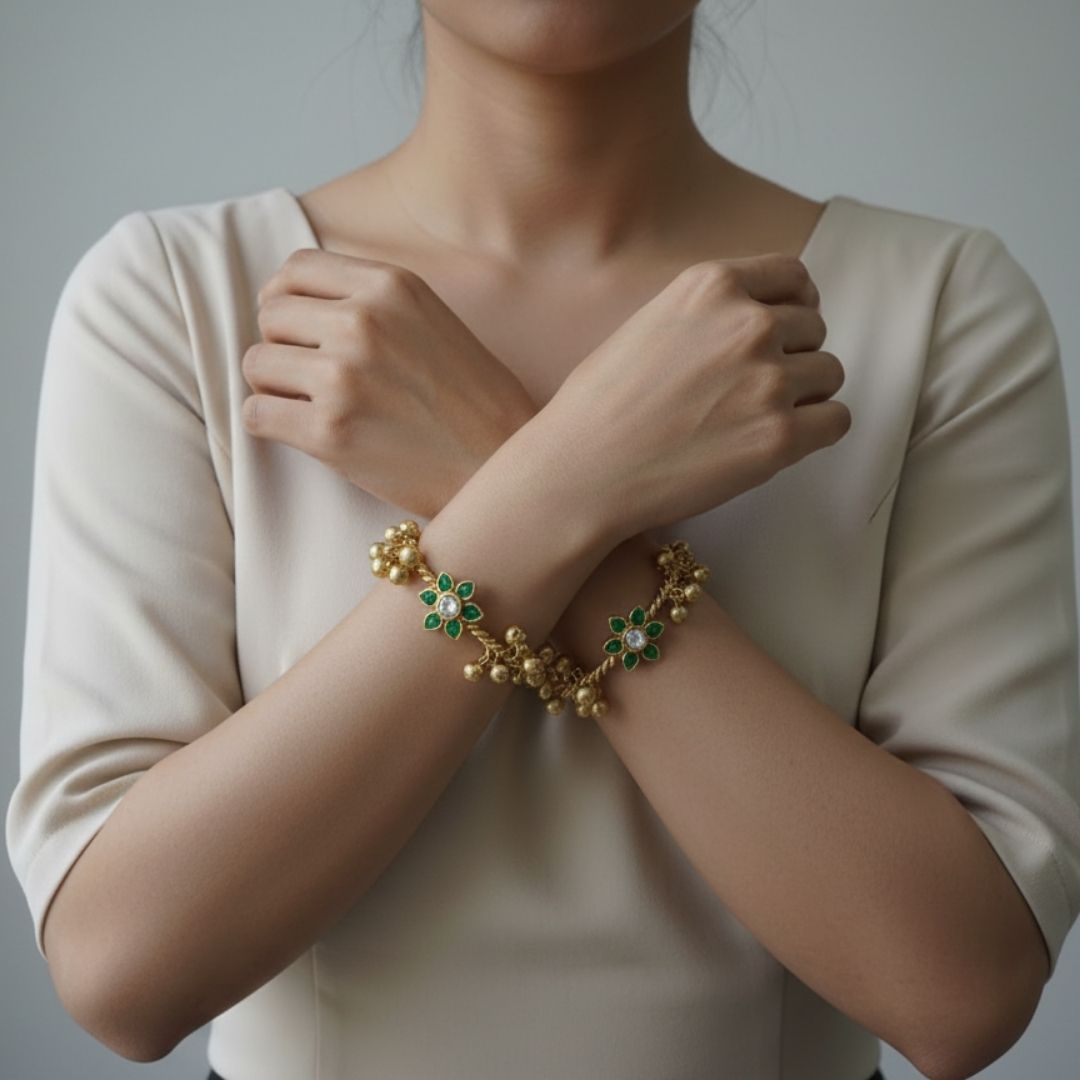 Rangnoor Kashmiri gold and green ethnic bangle with pearl and ghungroo detailing for women