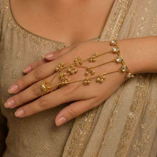 Three chain stone floral hathphool for women with ethnic wedding design