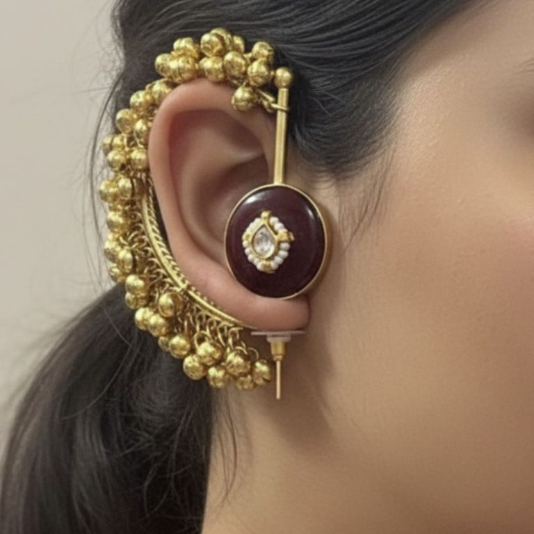 Red Stone Ear Cuff with Ghunghroo for Women