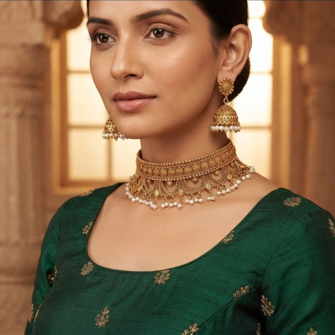 Nakhraa Virasat Antique Gold Temple Choker & Jhumka Set