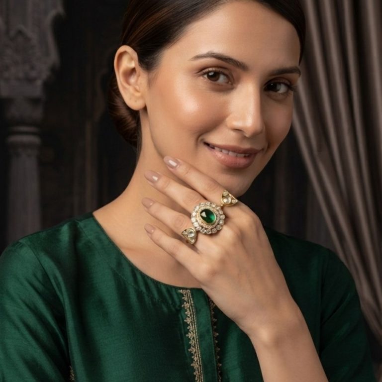 Nakhraa Shahi Emerald Sunburst Multi-Finger Statement Ring
