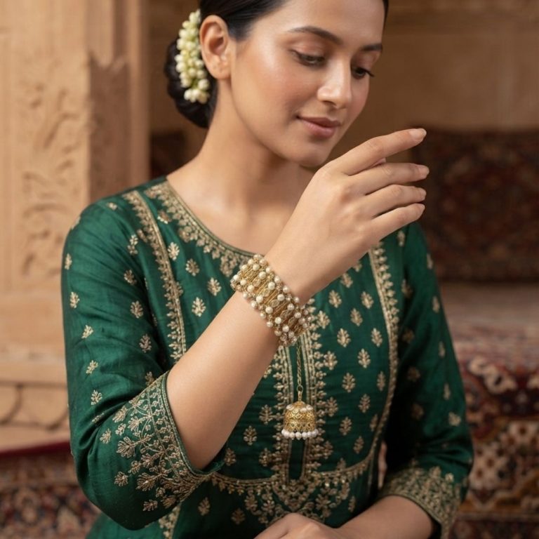 Nakhraa Morni Jhumka-Latkan Handcrafted Cuff Bracelet
