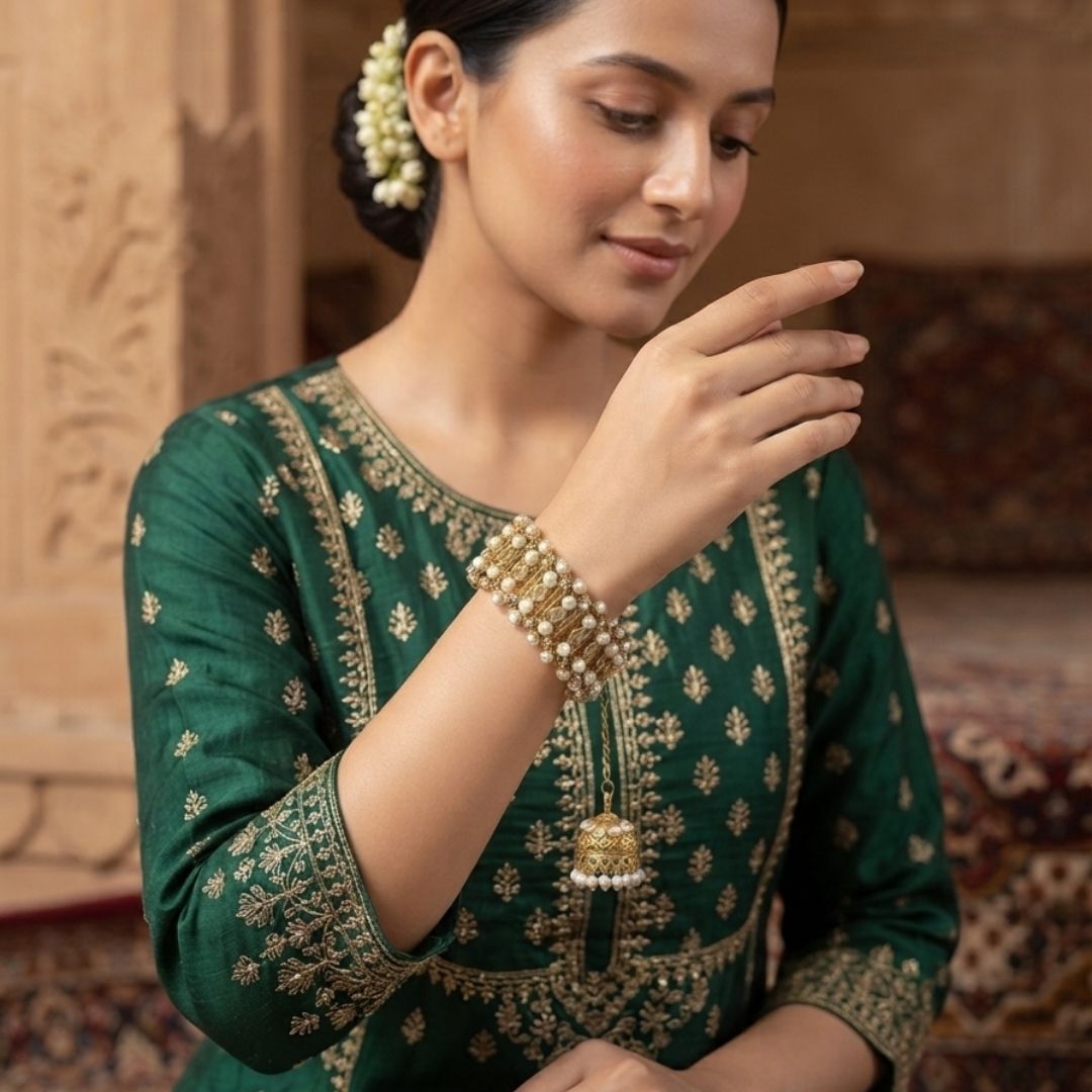 Nakhraa Morni Jhumka-Latkan Handcrafted Cuff Bracelet
